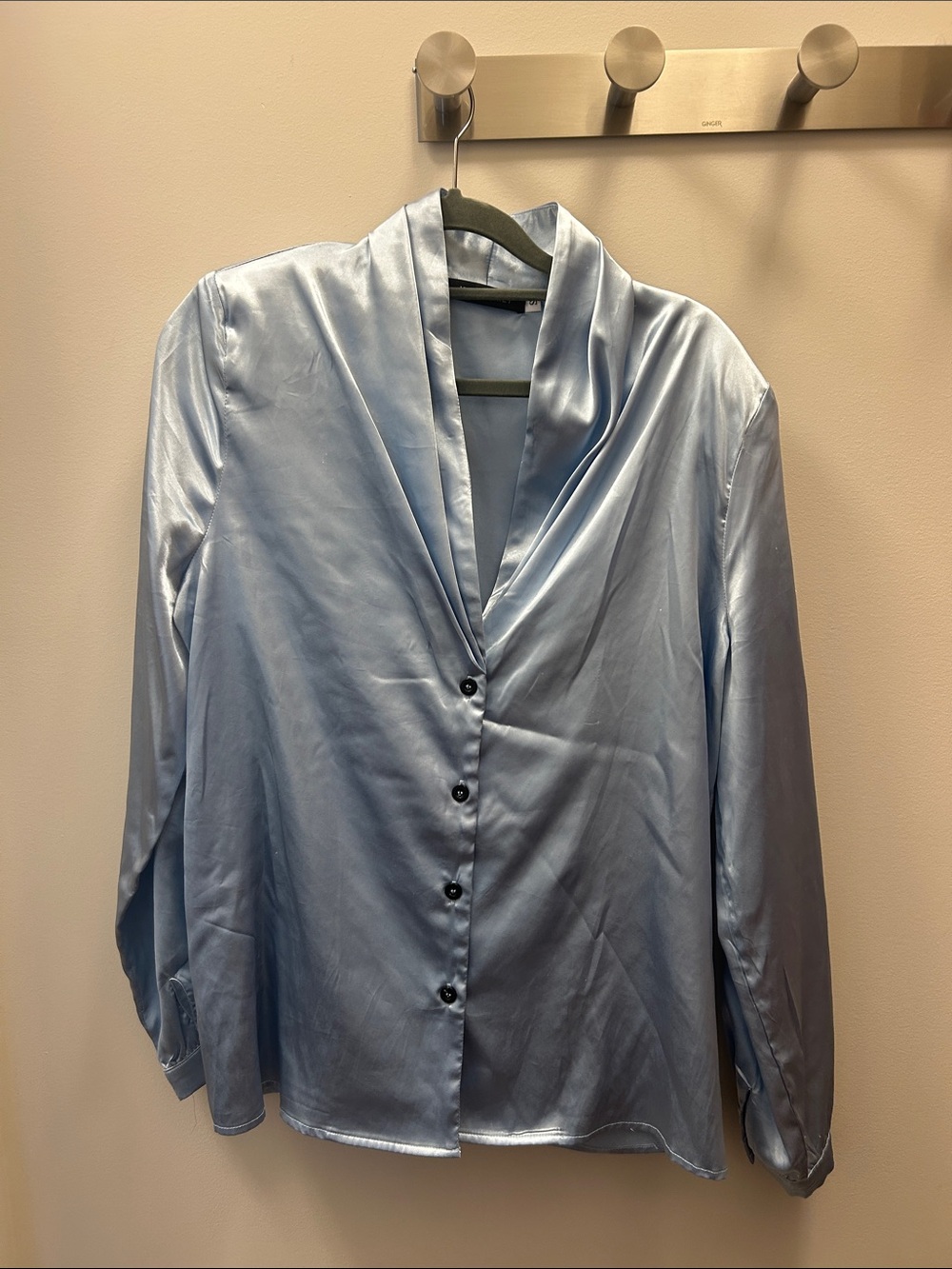 Satin Light Blue Button-Down Shawl Collar Blouse